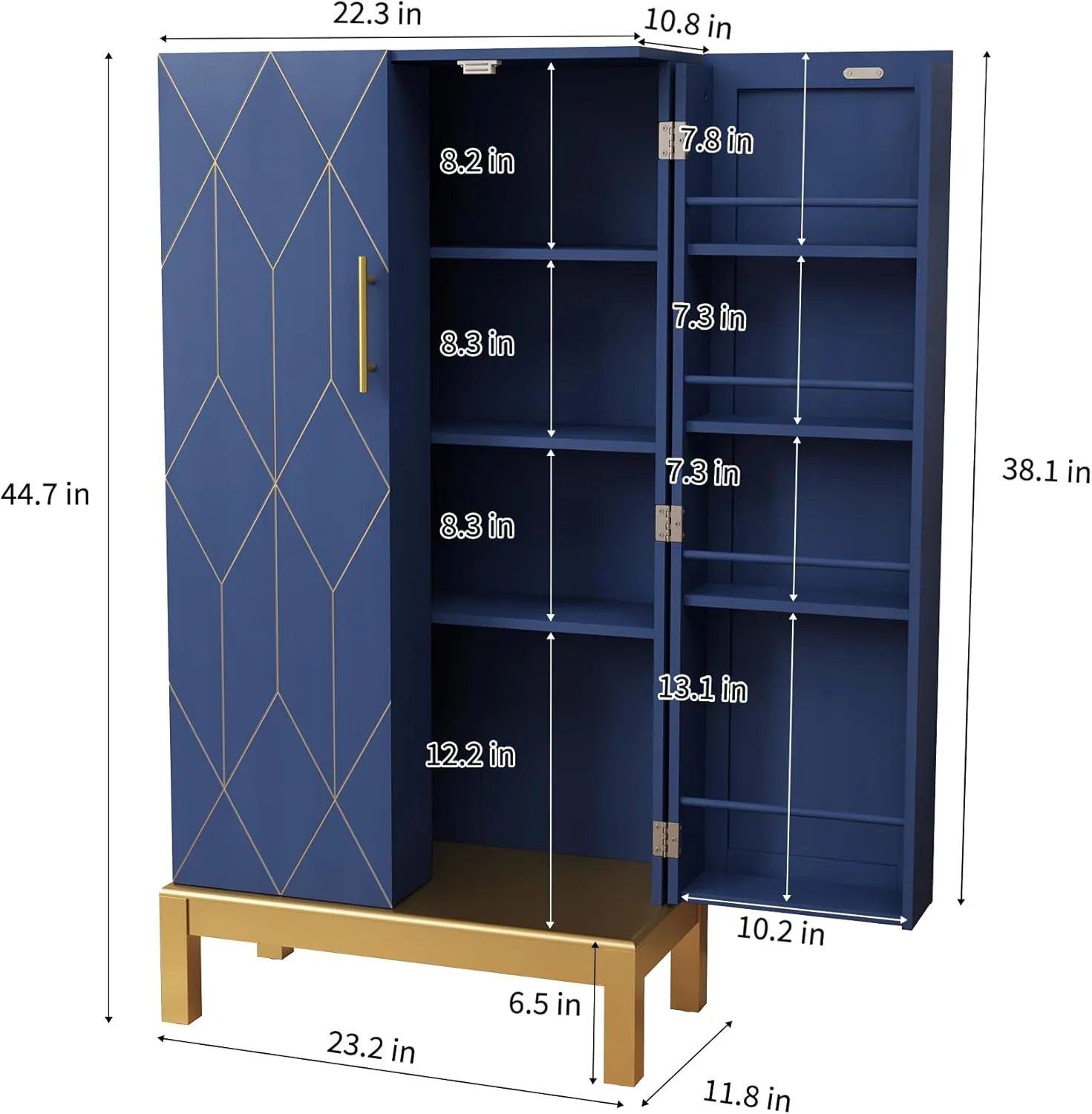 45'' Kitchen Pantry Cabinet,Storage Cabinet with Doors and Adjustable Shelves,Food Pantry for Kitchen, Dining Room,Living Room and Garage,Gold Lines and Legs, Blue