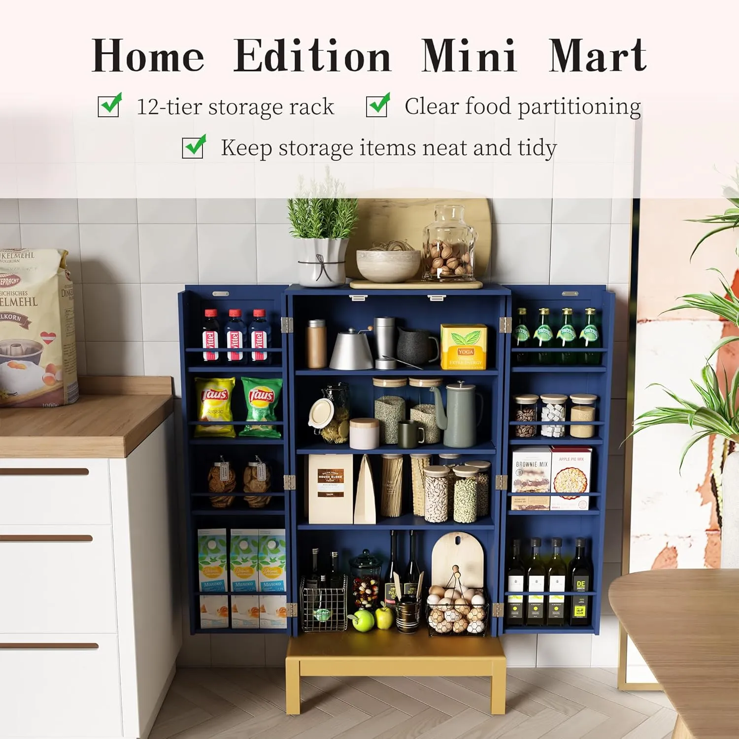 45'' Kitchen Pantry Cabinet,Storage Cabinet with Doors and Adjustable Shelves,Food Pantry for Kitchen, Dining Room,Living Room and Garage,Gold Lines and Legs, Blue