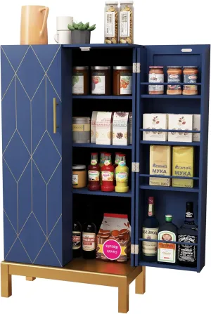 45'' Kitchen Pantry Cabinet,Storage Cabinet with Doors and Adjustable Shelves,Food Pantry for Kitchen, Dining Room,Living Room and Garage,Gold Lines and Legs, Blue