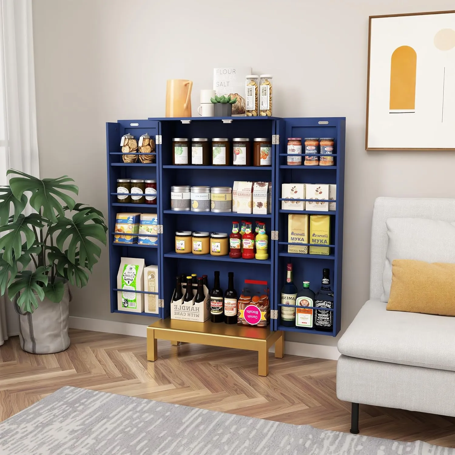 45'' Kitchen Pantry Cabinet,Storage Cabinet with Doors and Adjustable Shelves,Food Pantry for Kitchen, Dining Room,Living Room and Garage,Gold Lines and Legs, Blue