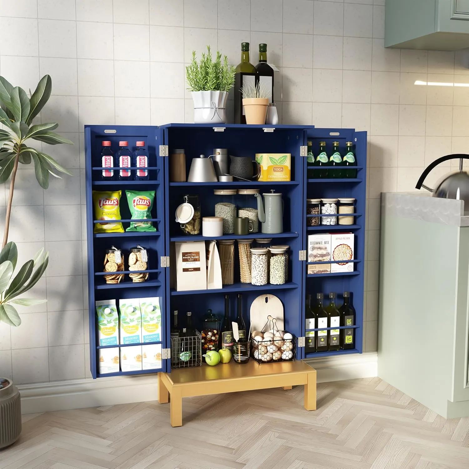 45'' Kitchen Pantry Cabinet,Storage Cabinet with Doors and Adjustable Shelves,Food Pantry for Kitchen, Dining Room,Living Room and Garage,Gold Lines and Legs, Blue