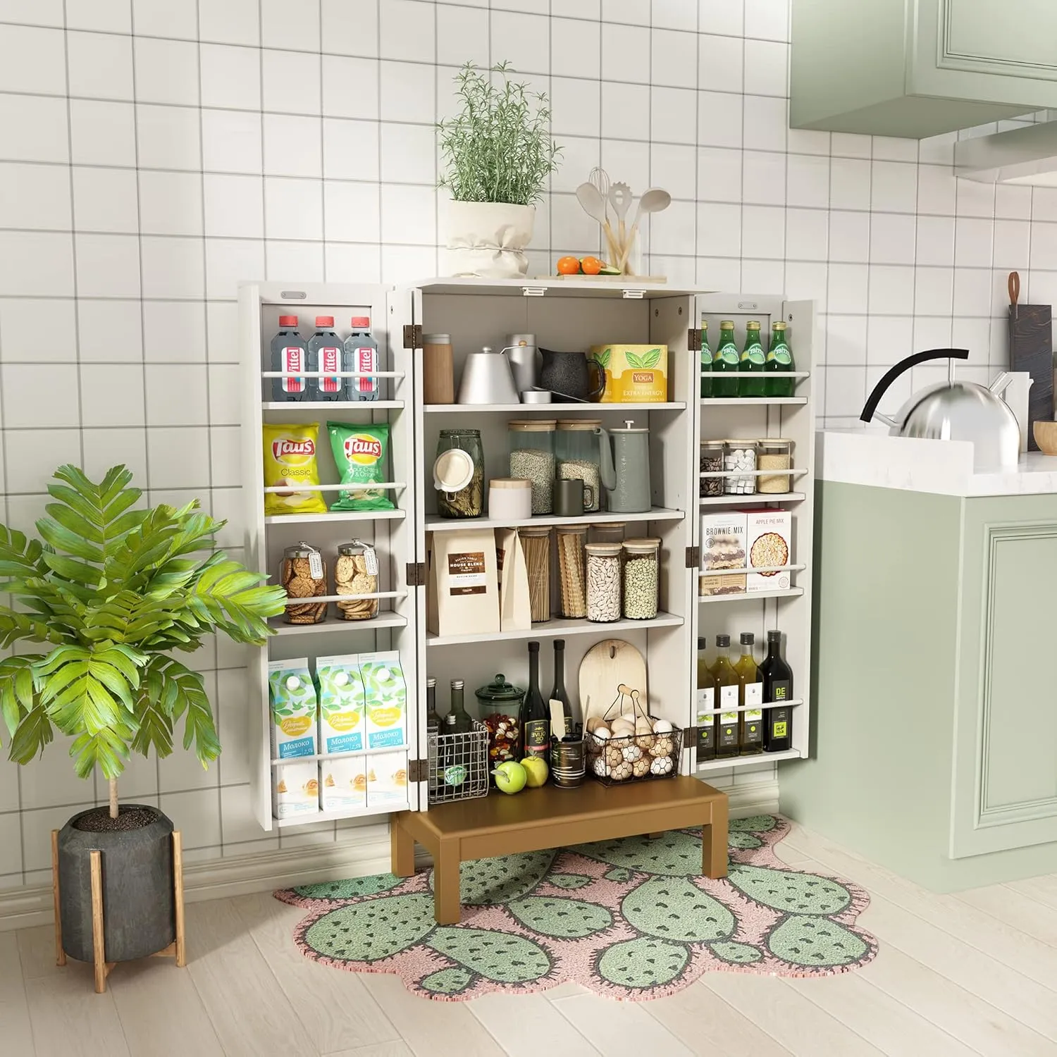 45'' Kitchen Pantry Cabinet,Storage Cabinet with Doors and Adjustable Shelves,Food Pantry for Kitchen,Dining Room,Living Room and Garage,Gold Lines and Legs,White