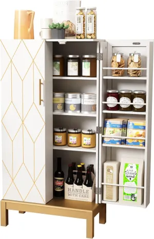 45'' Kitchen Pantry Cabinet,Storage Cabinet with Doors and Adjustable Shelves,Food Pantry for Kitchen,Dining Room,Living Room and Garage,Gold Lines and Legs,White