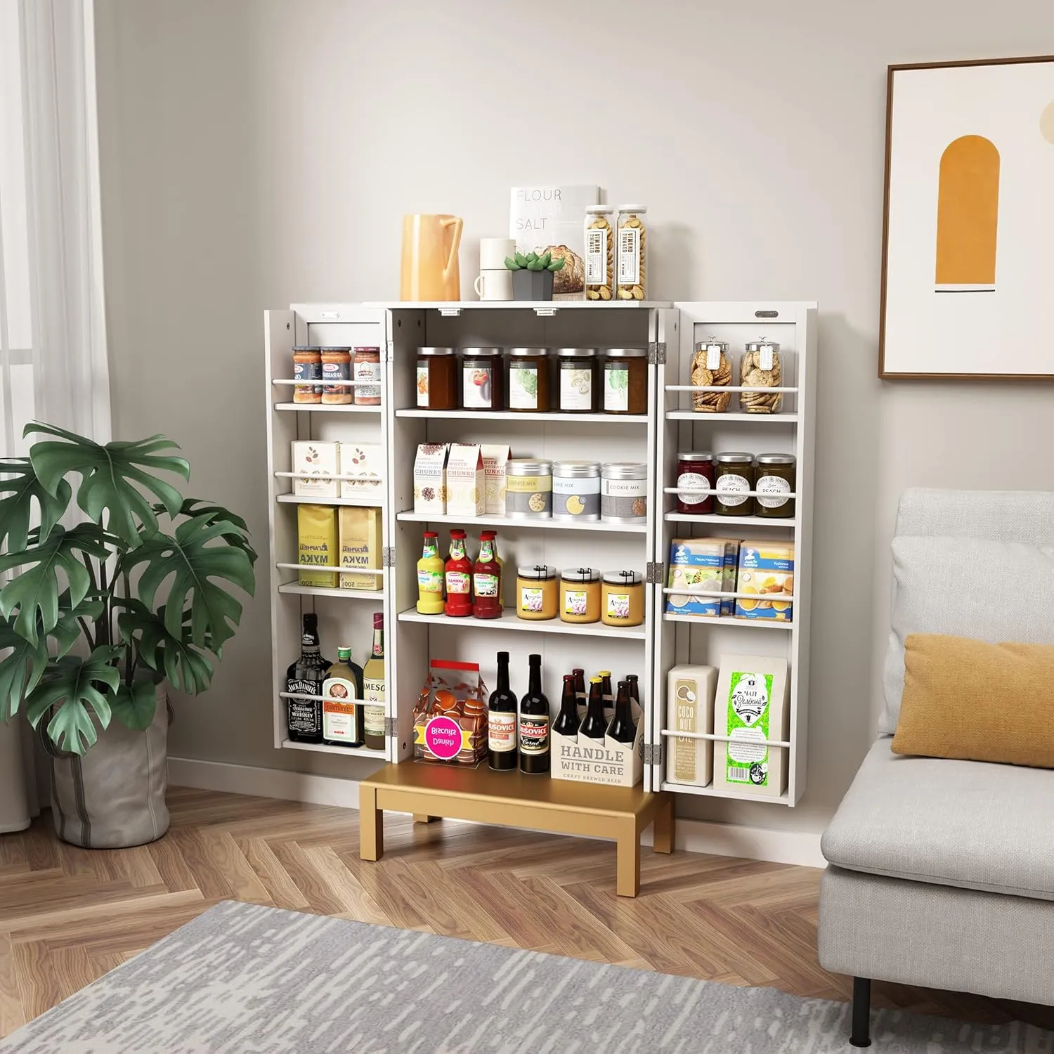 45'' Kitchen Pantry Cabinet,Storage Cabinet with Doors and Adjustable Shelves,Food Pantry for Kitchen,Dining Room,Living Room and Garage,Gold Lines and Legs,White