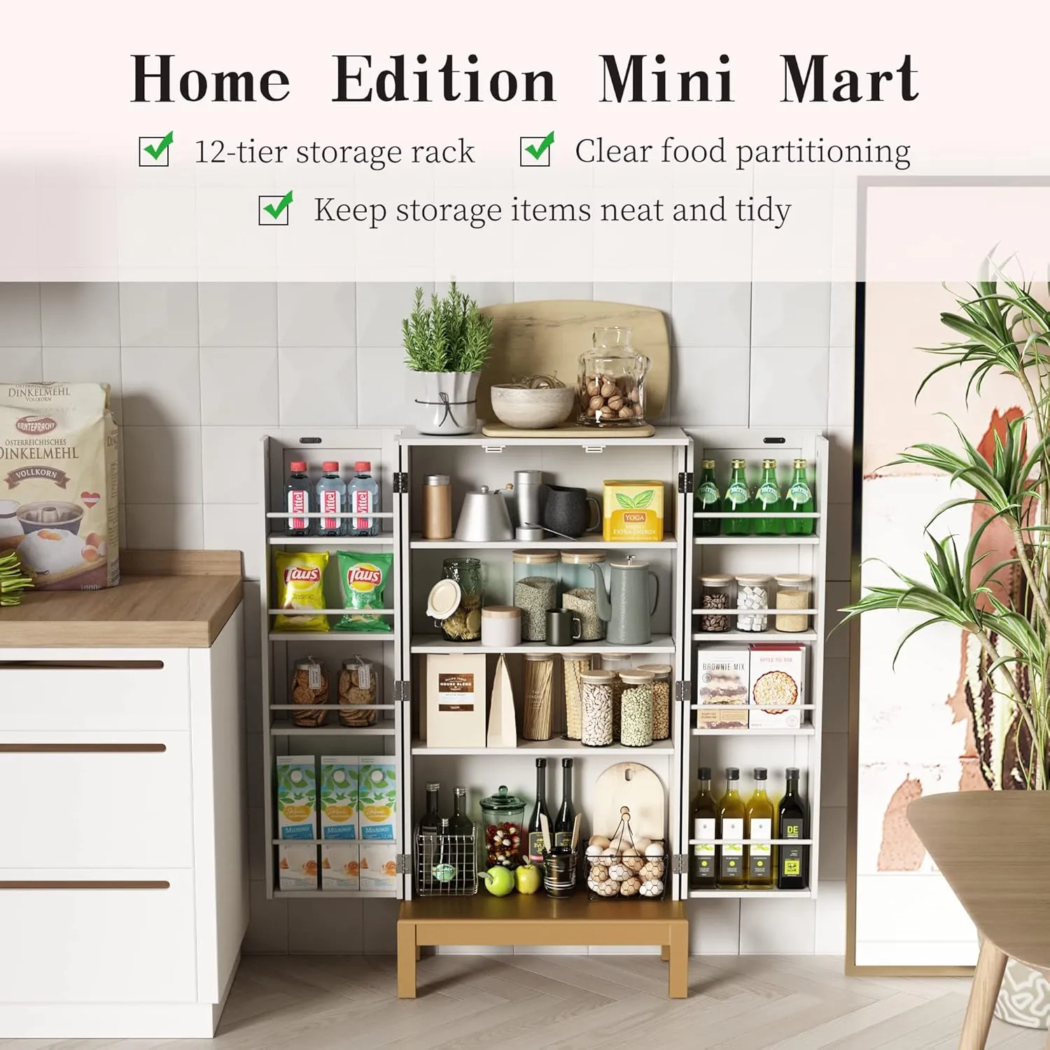 45'' Kitchen Pantry Cabinet,Storage Cabinet with Doors and Adjustable Shelves,Food Pantry for Kitchen,Dining Room,Living Room and Garage,Gold Lines and Legs,White
