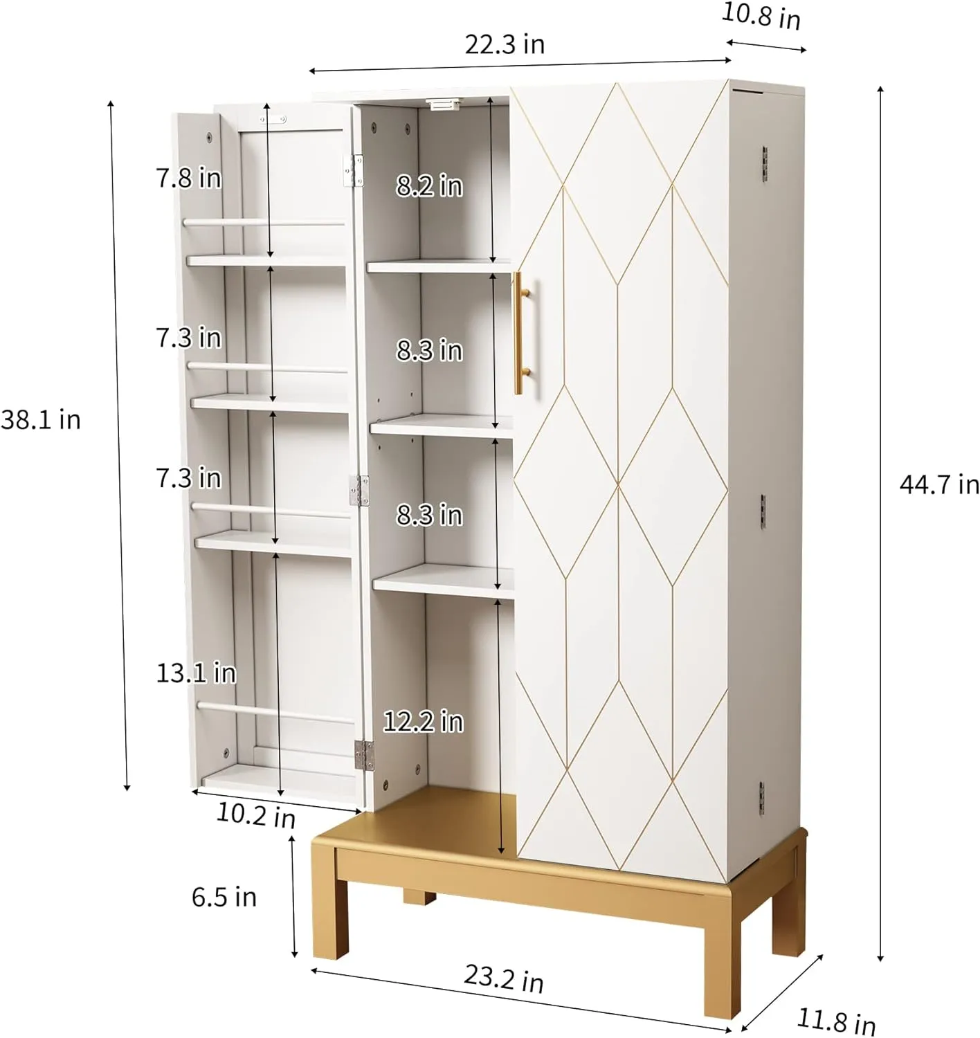 45'' Kitchen Pantry Cabinet,Storage Cabinet with Doors and Adjustable Shelves,Food Pantry for Kitchen,Dining Room,Living Room and Garage,Gold Lines and Legs,White