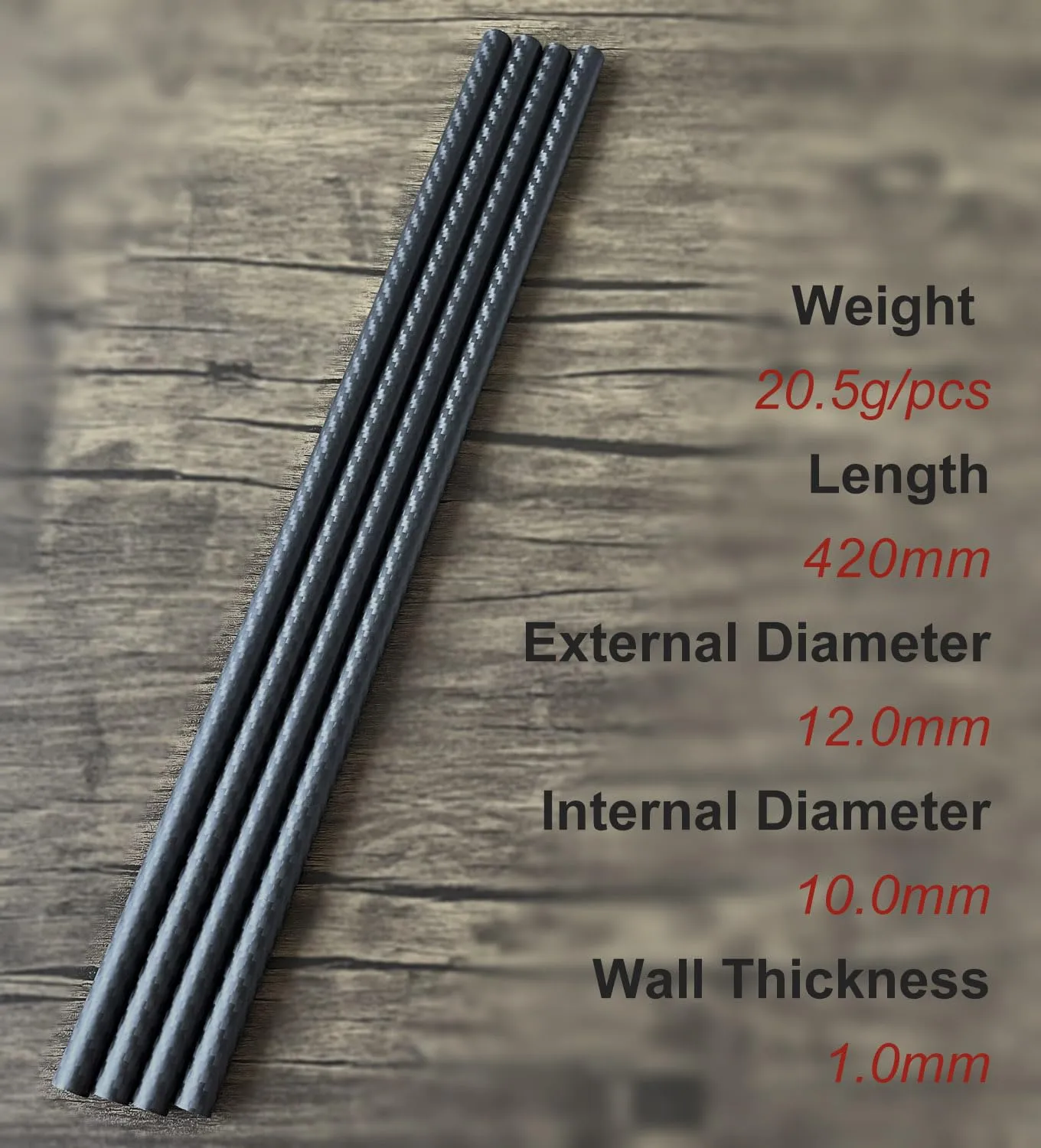 4pcs Carbon Fiber Tube 12mmx10mmx420mm,3K roll Wrapped Twill Matte Finish