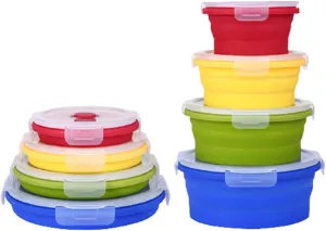 4PCS Collapsible Bowl Sets, Portable Round Silicone Collapsible Bowls for Camping, Camping Dishes with Lids for Dishwasher, Freezer, Microwave Safe Containers, Camping Essential