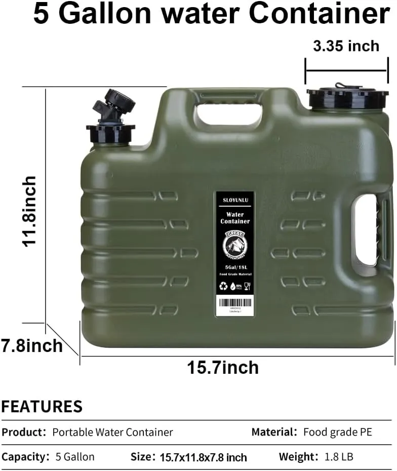 5 Gallon Water Jug with Spigot, BPA Free Leak-Proof Camping Water Container, Portable Emergency Water Storage for Outdoor Hiking, Home Use, Camping Essentials