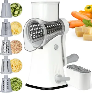 5 in 1 Rotary Cheese Grater, Manual Hand Crank Cheese Grater With Reinforced Suction & 5 Interchangeable Blades, Multifunctional Cheese Shredder, Easy to Use and Clean, White