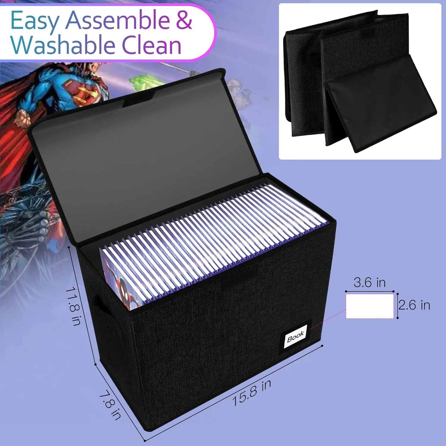 5 Pack Comic Book Storage Boxes, 15.8" X 7.8" X 11.8", Collapsible Comic Short Box, Holds 160-180 Collection Comic Book Container Holder Shelf Protector Organizer Bin (Black)
