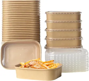 50 Pack Kraft Paper Take Out Containers, 17 oz Disposable Rectangle Food Serving Bowls with Lids, Oil-Proof Salad Treat Container Bulk Party Supplies for Hot Cold Food, Fruit