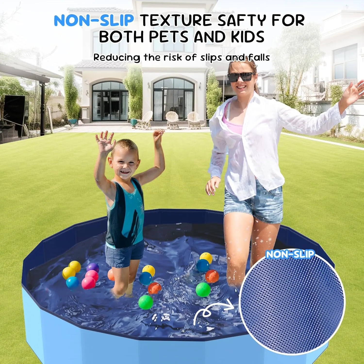 57'' Foldable Dog Pet Bath Pool, Heavy Duty Non-Slip Kiddie Pool, Plastic Pet Wading Pool for Puppy Small Medium Large Dogs, Indoor and Outdoor Kids Pet Dog Bathtub