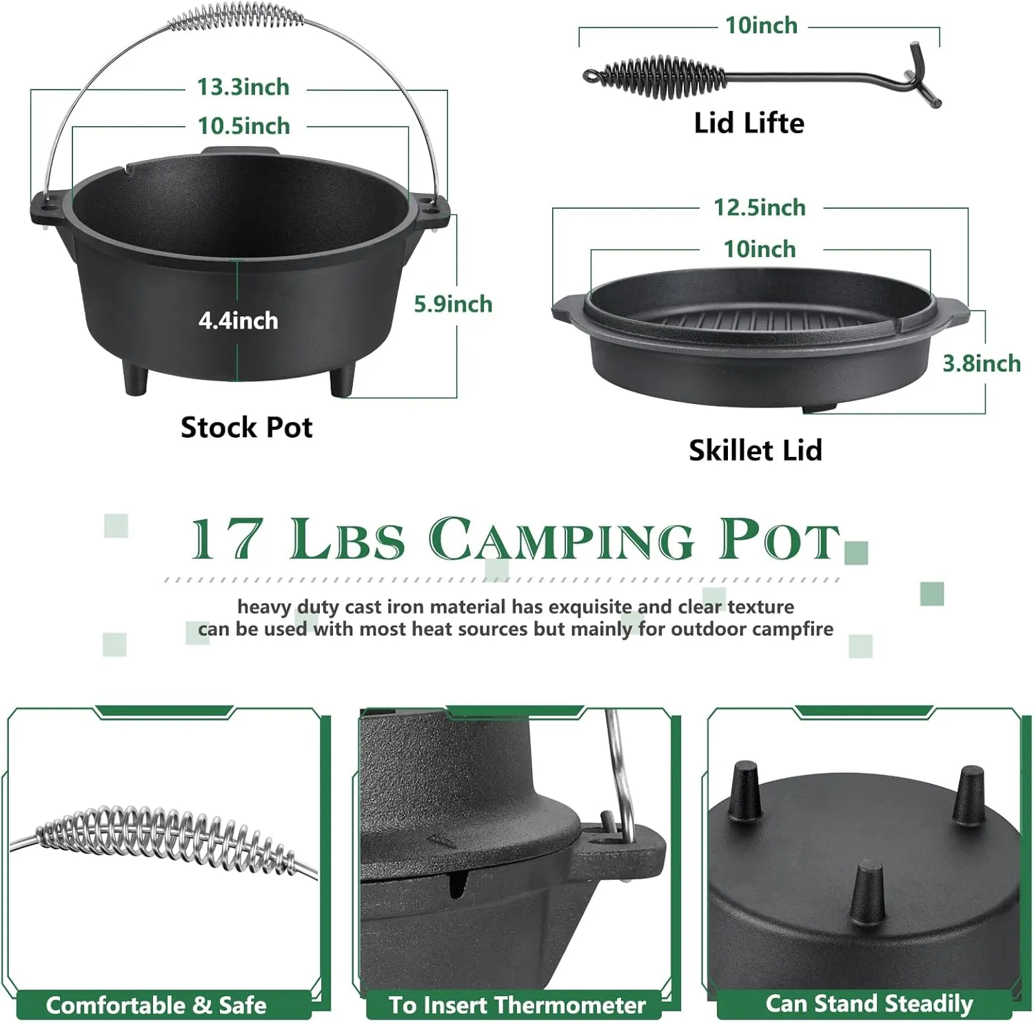 5QT Cast Iron Dutch Oven, HaSteeL Pre Seasoned Camping Pot & Lid Lifter, Large Heavy Duty Deep Pot with Feet & 2-In-1 Frying Skillet Lid, Great for Outdoor Stovetop Griddle Campfire Cooking Baking