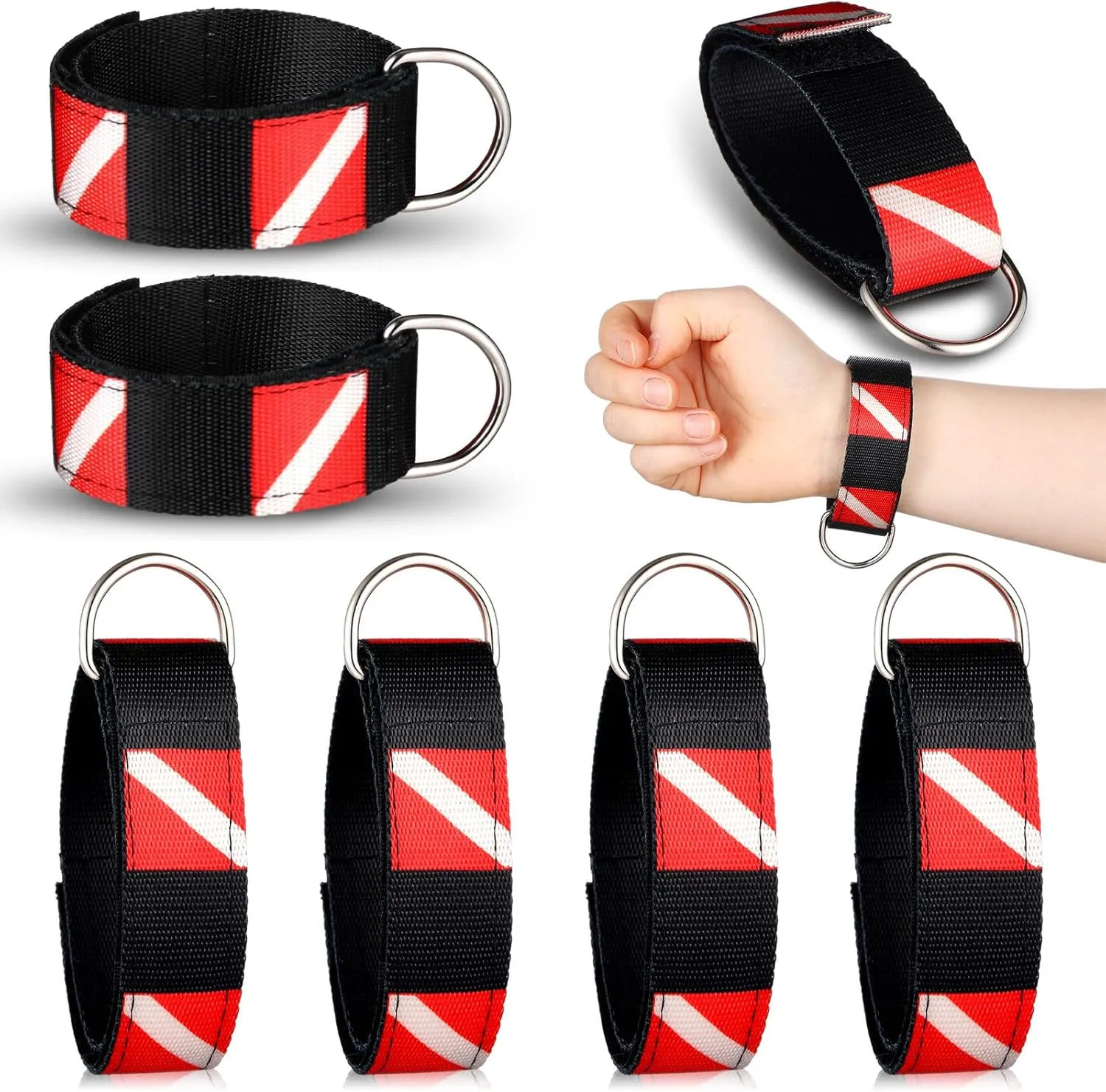 6 Pack Scuba Diving Wrist Strap Adjustable Wristband with Stainless Steel D Ring Sticky Suitable for Underwater Dive Lights, Flashlights, Cameras, Compass, Dive Slates, for Scuba Divers and Snorkelers
