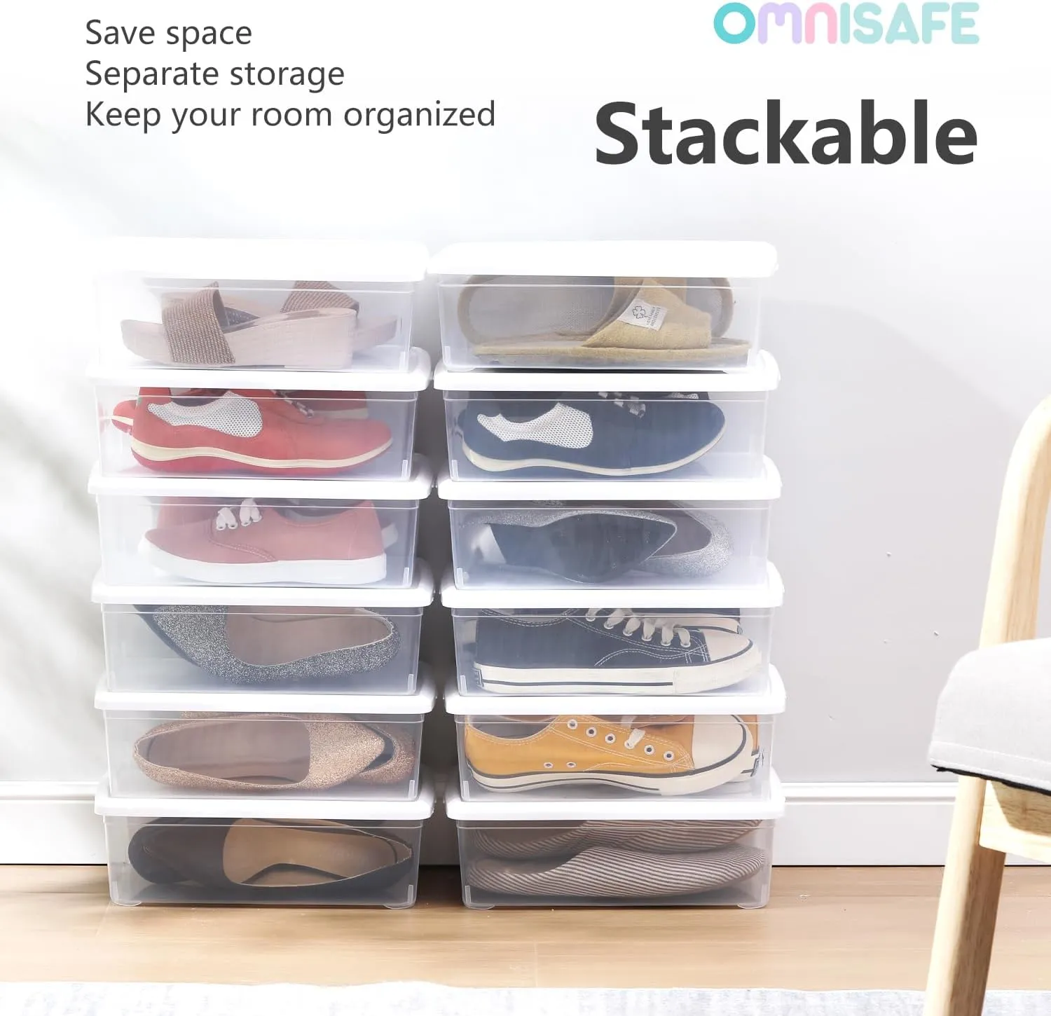 6 Quart Stackable Plastic Storage Shoebox, BPA-Free Nestable Container with Latching Lid to Organize Shoes, See-Through Box for Home and Office, Multi-Purpose Clear Bins (White, 8 Pack)