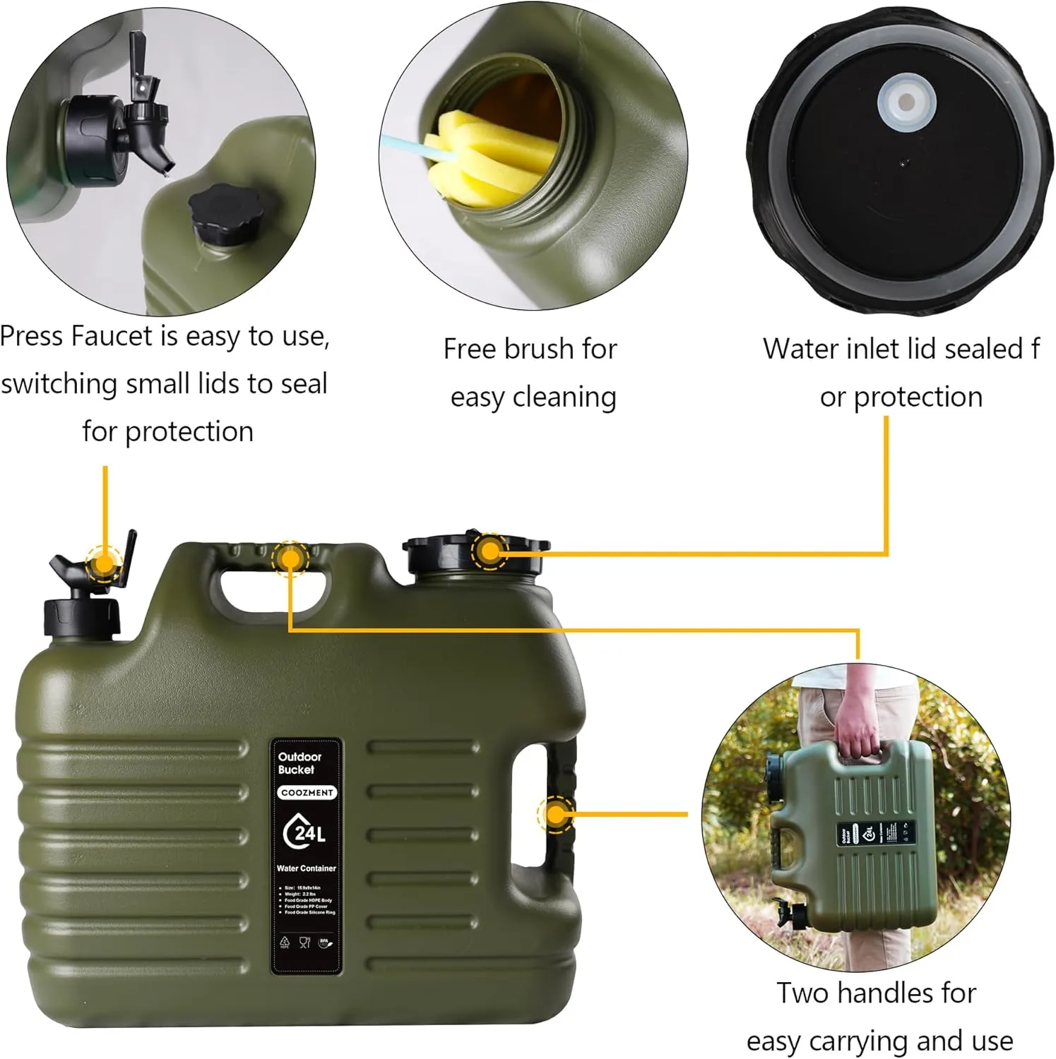 6.4 Gallon(24L) Portable Water Containers with Spigot, BPA Free Water Jug, Military Green Water Tank, Multifunction Water Storage Containers for Camping Outdoor Hiking,Emergency Stroage
