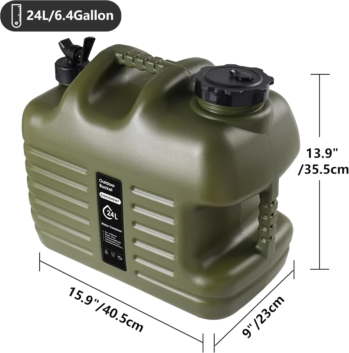 6.4 Gallon(24L) Portable Water Containers with Spigot, BPA Free Water Jug, Military Green Water Tank, Multifunction Water Storage Containers for Camping Outdoor Hiking,Emergency Stroage