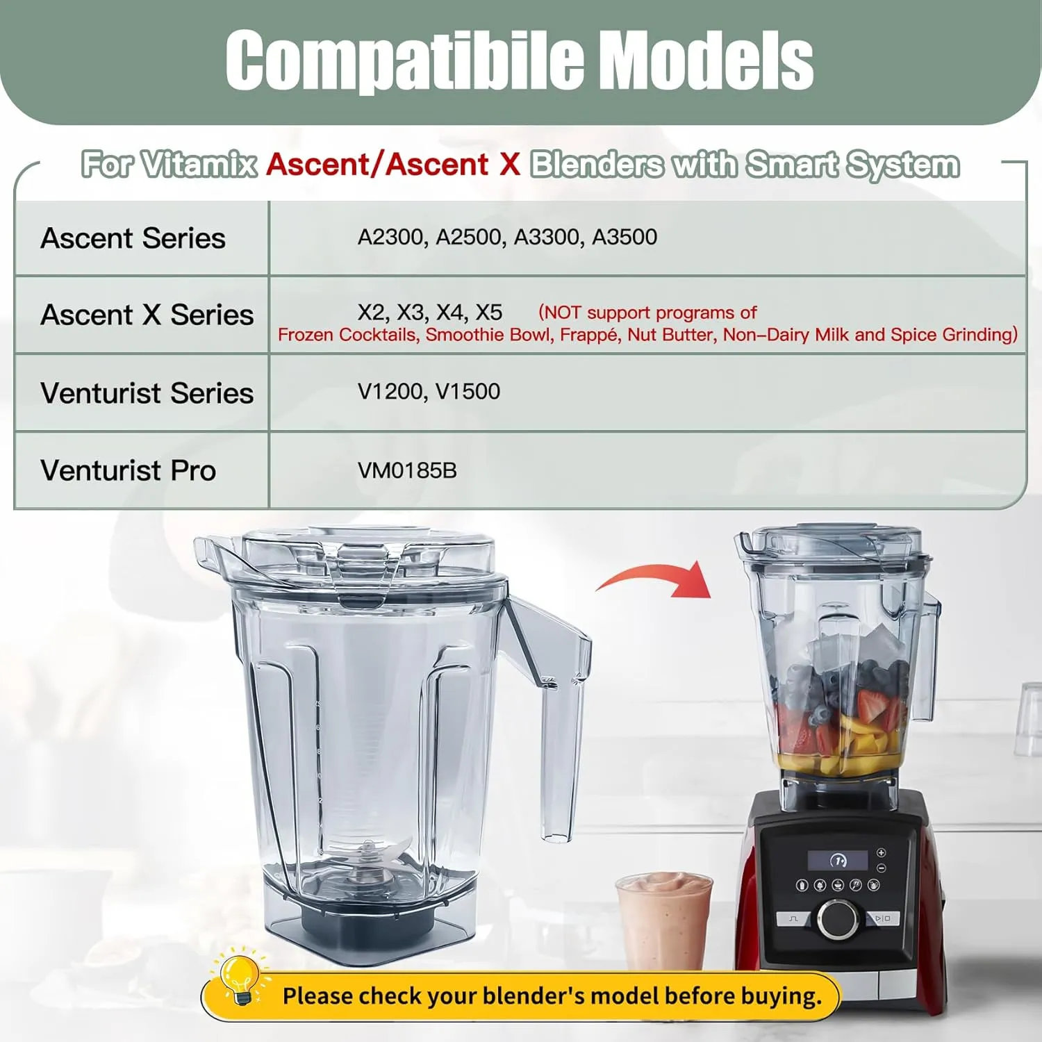 64 oz Low-Profile Container Replacement Compatible with Vitamix Ascent/Venturist Blender A3500 A2500 A3300 A2300 V1200, Replacement 64oz Pitcher with Self-Detect for Ascent X2 X3 X4 X5,BPA Free