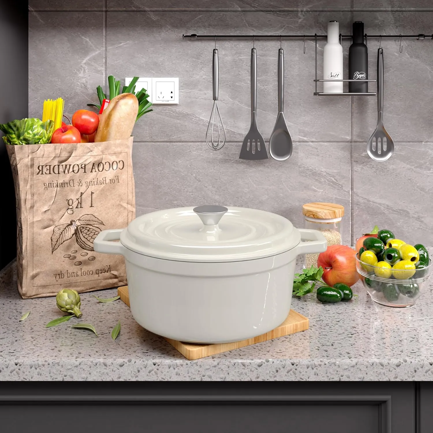 6.5 Quart Enameled Cast Iron Dutch Oven Pot with Lid, Dual Handle for Bread Baking, Pre-Seasoned Cookware, Heavy-Duty, Oven Safe up to 500° F, Non-stick & Applicable All Cookings, Beige