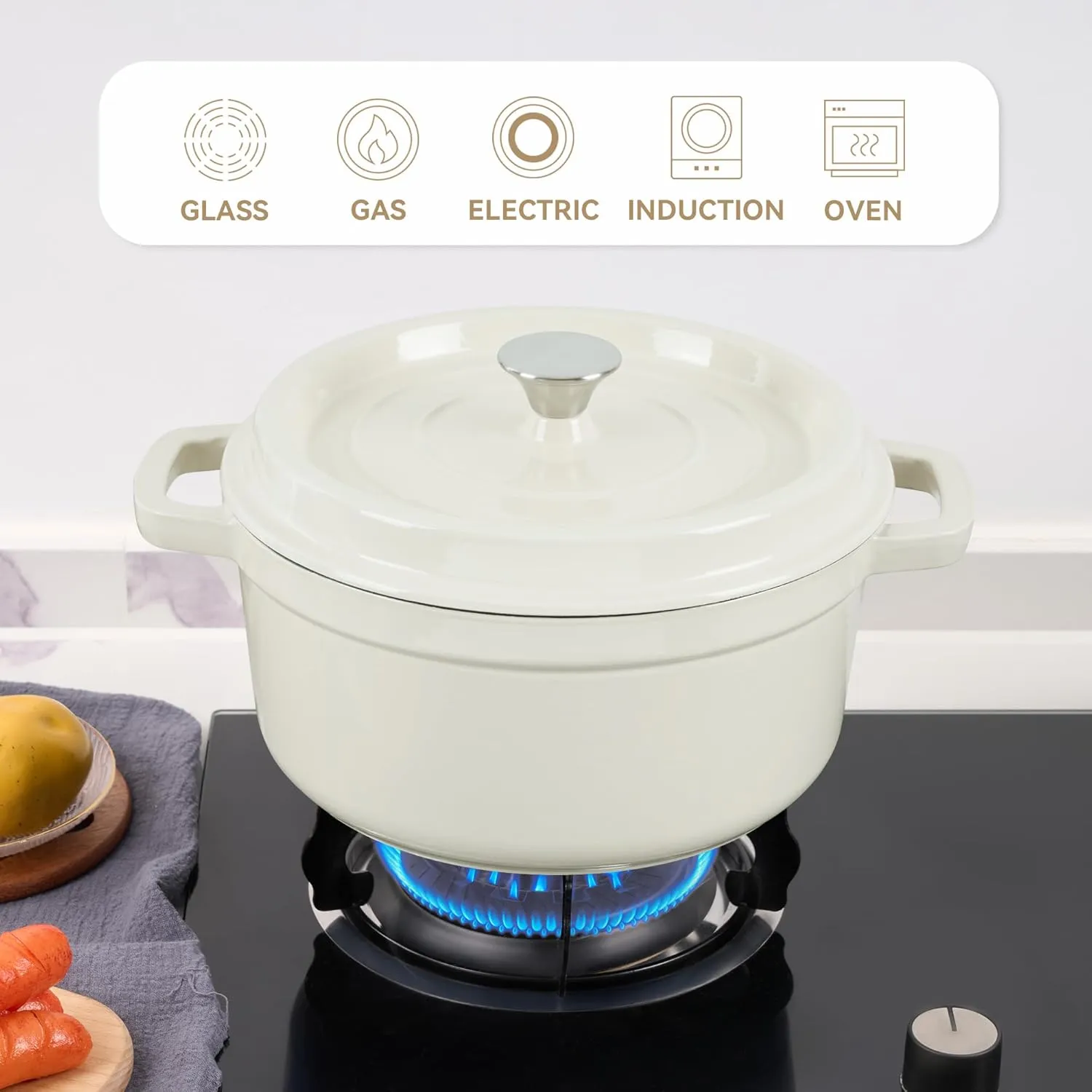 6.5 Quart Enameled Cast Iron Dutch Oven Pot with Lid, Dual Handle for Bread Baking, Pre-Seasoned Cookware, Heavy-Duty, Oven Safe up to 500° F, Non-stick & Applicable All Cookings, Beige