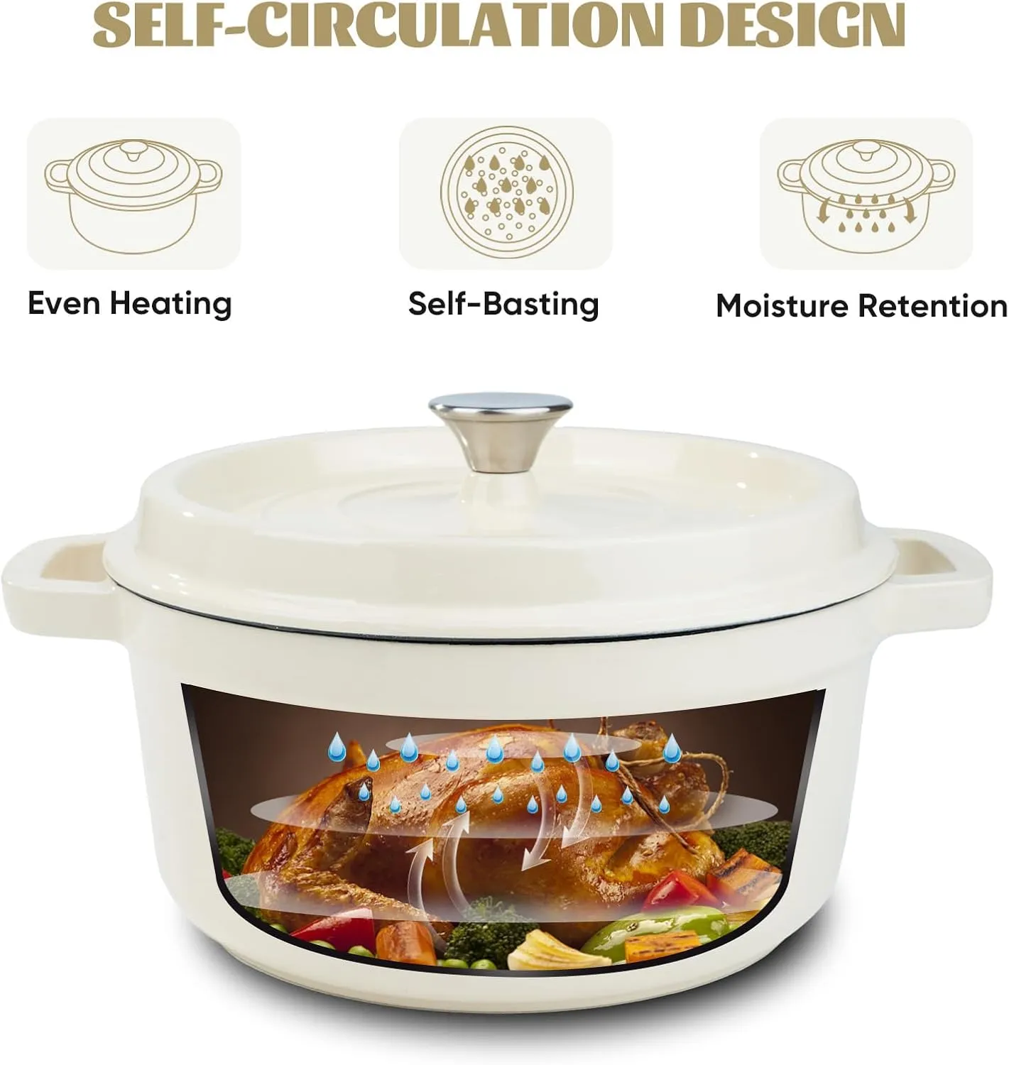 6.5 Quart Enameled Cast Iron Dutch Oven Pot with Lid, Dual Handle for Bread Baking, Pre-Seasoned Cookware, Heavy-Duty, Oven Safe up to 500° F, Non-stick & Applicable All Cookings, Beige