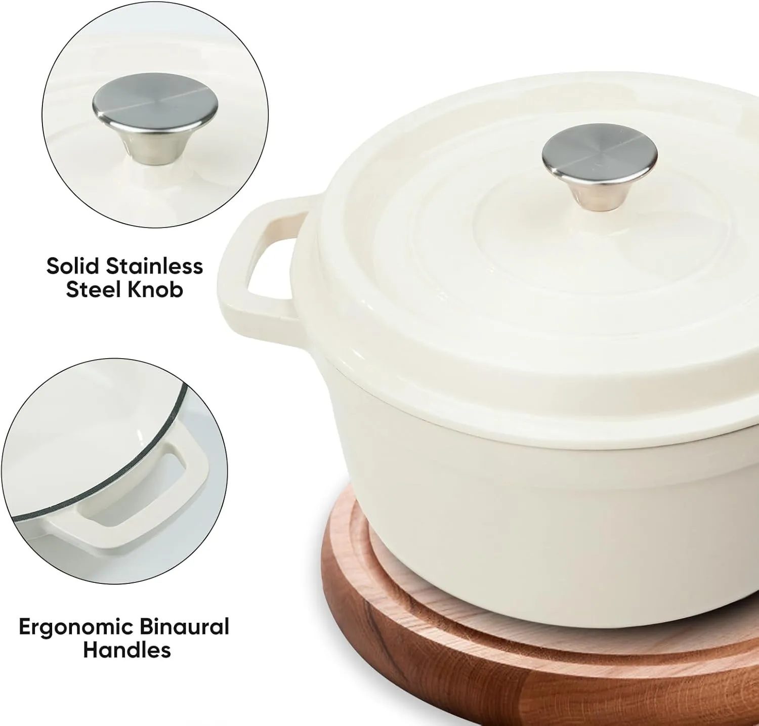 6.5 Quart Enameled Cast Iron Dutch Oven Pot with Lid, Dual Handle for Bread Baking, Pre-Seasoned Cookware, Heavy-Duty, Oven Safe up to 500° F, Non-stick & Applicable All Cookings, Beige