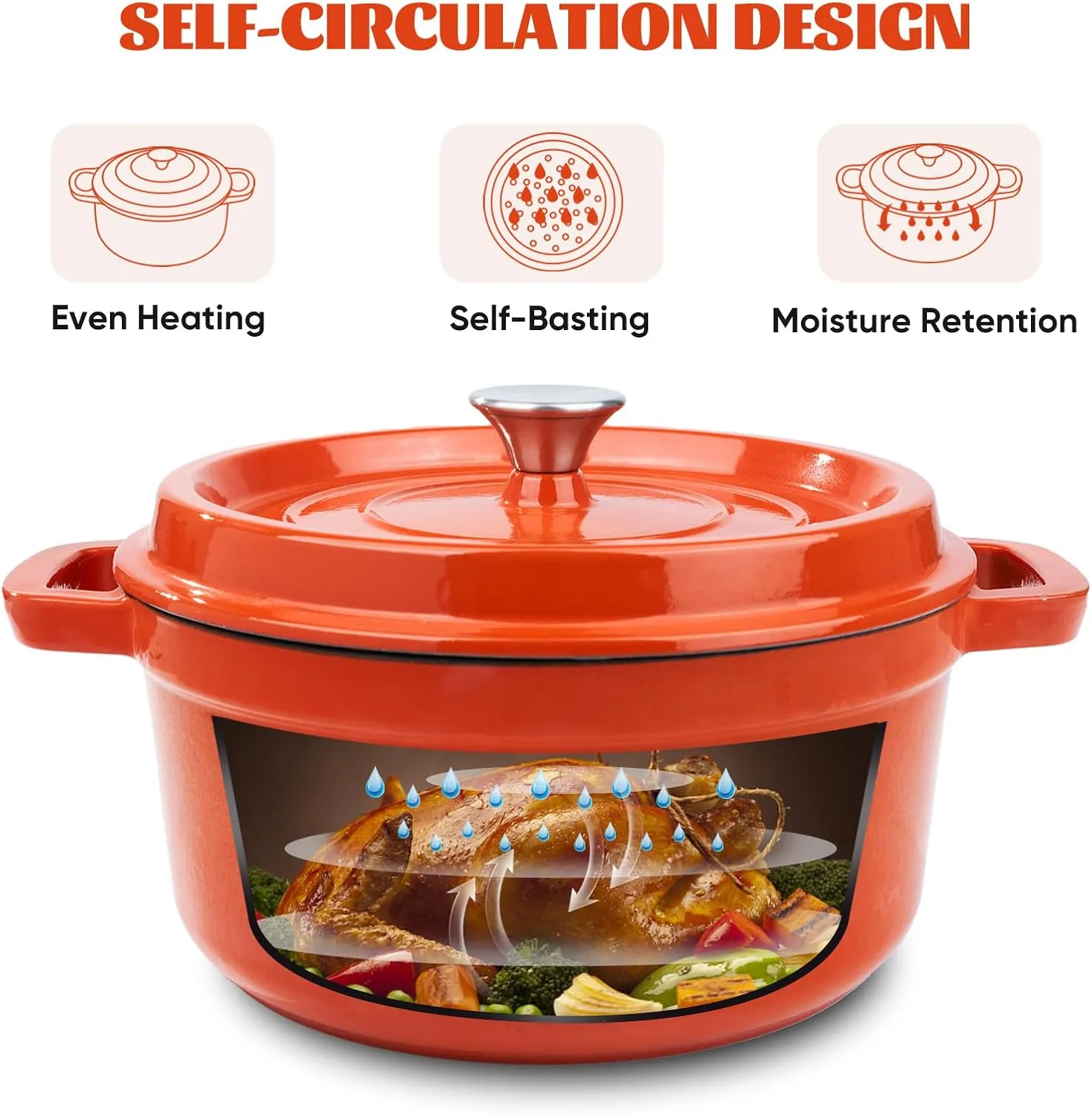 6.5 Quart Enameled Cast Iron Dutch Oven Pot with Lid, Dual Handle for Bread Baking, Pre-Seasoned Cookware, Heavy-Duty, Oven Safe up to 500° F, Non-stick & Applicable All Cookings, Orange