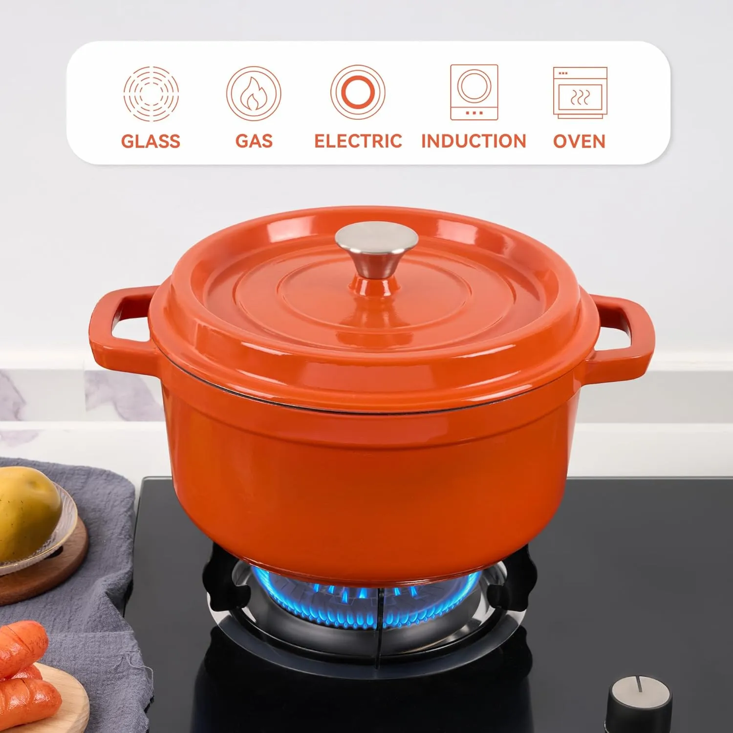 6.5 Quart Enameled Cast Iron Dutch Oven Pot with Lid, Dual Handle for Bread Baking, Pre-Seasoned Cookware, Heavy-Duty, Oven Safe up to 500° F, Non-stick & Applicable All Cookings, Orange
