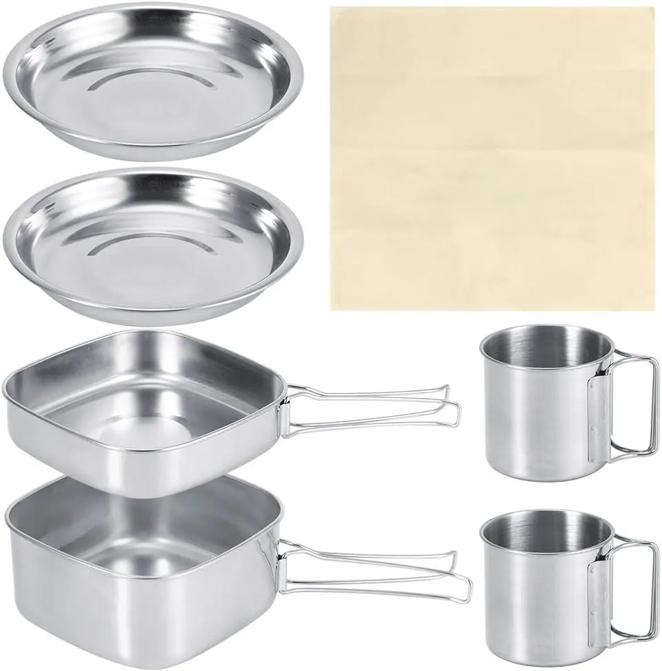 6Pcs Camping Cookware Set, Mini Picnic Camping Cooking Mess Kit Stainless Steel Cooking Pot and Pan Set Portable Stainless Steel Camp Cook Set for Backpacking, Hiking