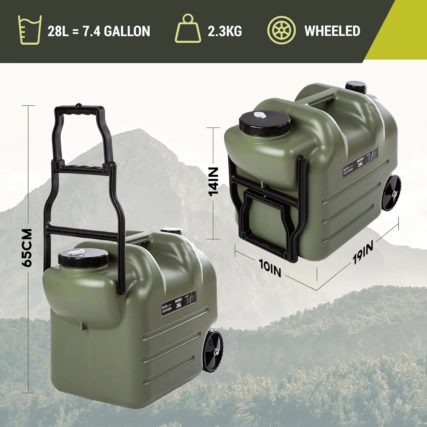 7.4 Gallon Water Jug with Wheels & Folding Handle, GIGYES Rolling Wheel Water Storage Tank for Hiking Camping, Portable