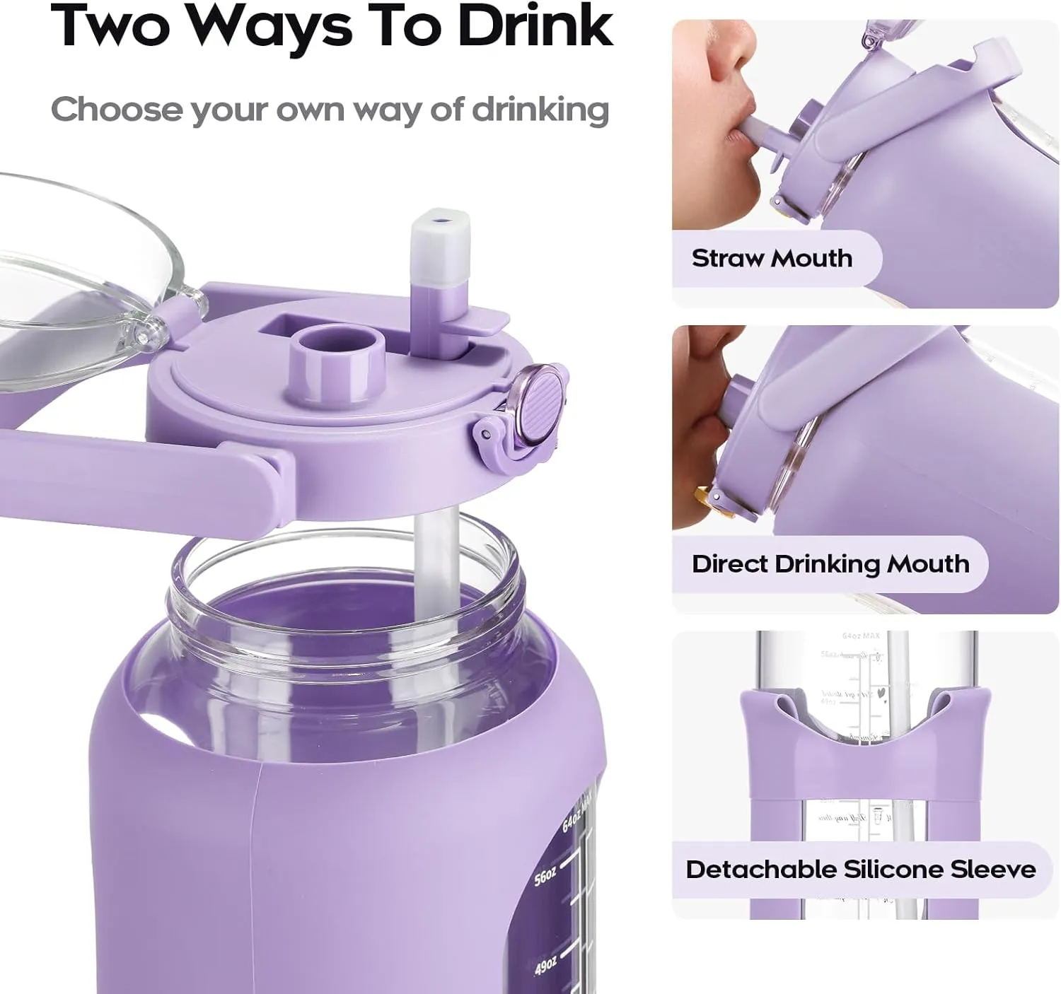74 oz Glass Water Bolttles with Straw Large Motivational Water Bottle with Time Marker Sports Water Bottles with Silicone Sleeve and Handle Lid 2.2L Water Jug for Gym Workout