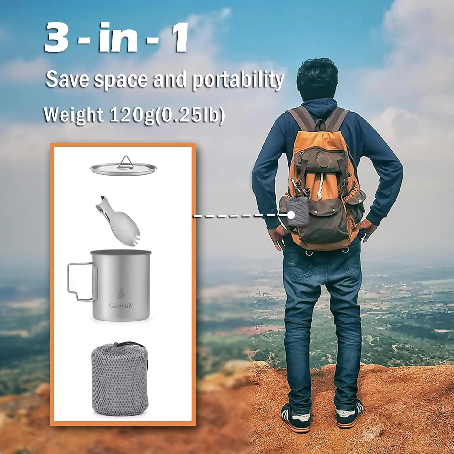 750ml Titanium Pot Portable Titanium Water Mug Cup with Lid and Foldable Handle for Camping Hiking Travelling Backpacking Camping Open Fire Outdoor Camping Cooking