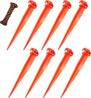 (8) 16" Tent Pegs with (1) 5/32" x 50ft Black/Orange Paracord Rope. Garden Stakes Durable and Strong Plastic Tent Stakes for Beach Mat, Camping, Hiking, Garden, Landscape Stakes, Orange, UV Resistant