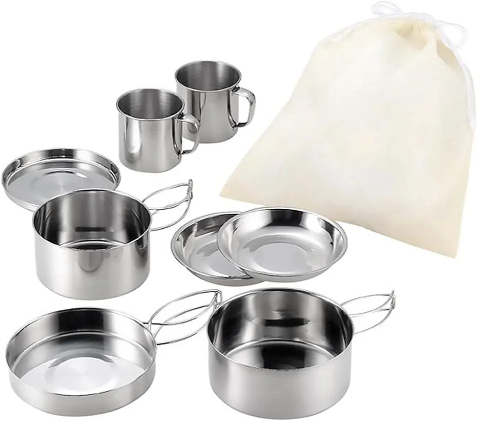 8 PCS Outdoor Pot Set, Foldable Handle Camping Pans, Stainless Steel Picnic Pot, Camping Cookware Set, with Storage Bag, for 1-2 People Outdoor Picnic Camping Hiking Backpacking Tableware
