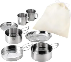 8 PCS Outdoor Pot Set, Foldable Handle Camping Pans, Stainless Steel Picnic Pot, Camping Cookware Set, with Storage Bag, for 1-2 People Outdoor Picnic Camping Hiking Backpacking Tableware