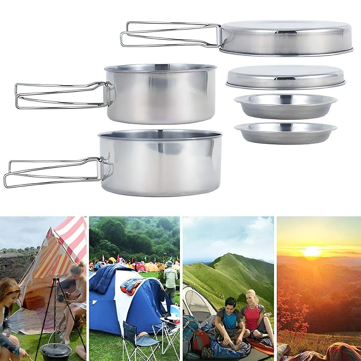 8PCS Camping Cookware Stainless Steel Outdoor Picnic Pot Cook Pan Set Hiking BBQ