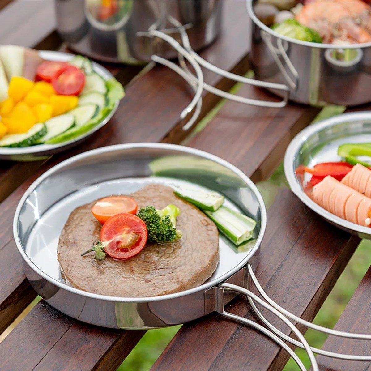 8PCS Camping Cookware Stainless Steel Outdoor Picnic Pot Cook Pan Set Hiking BBQ