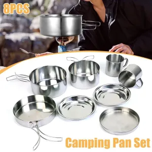 8PCS Camping Cookware Stainless Steel Outdoor Picnic Pot Cook Pan Set Hiking BBQ