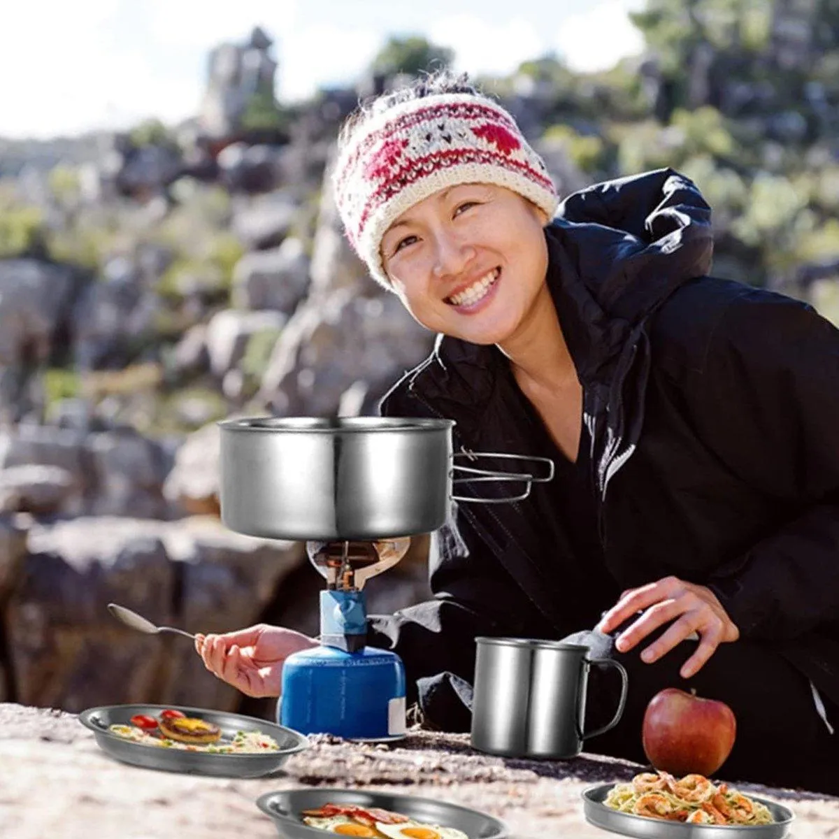 8PCS Camping Cookware Stainless Steel Outdoor Picnic Pot Cook Pan Set Hiking BBQ