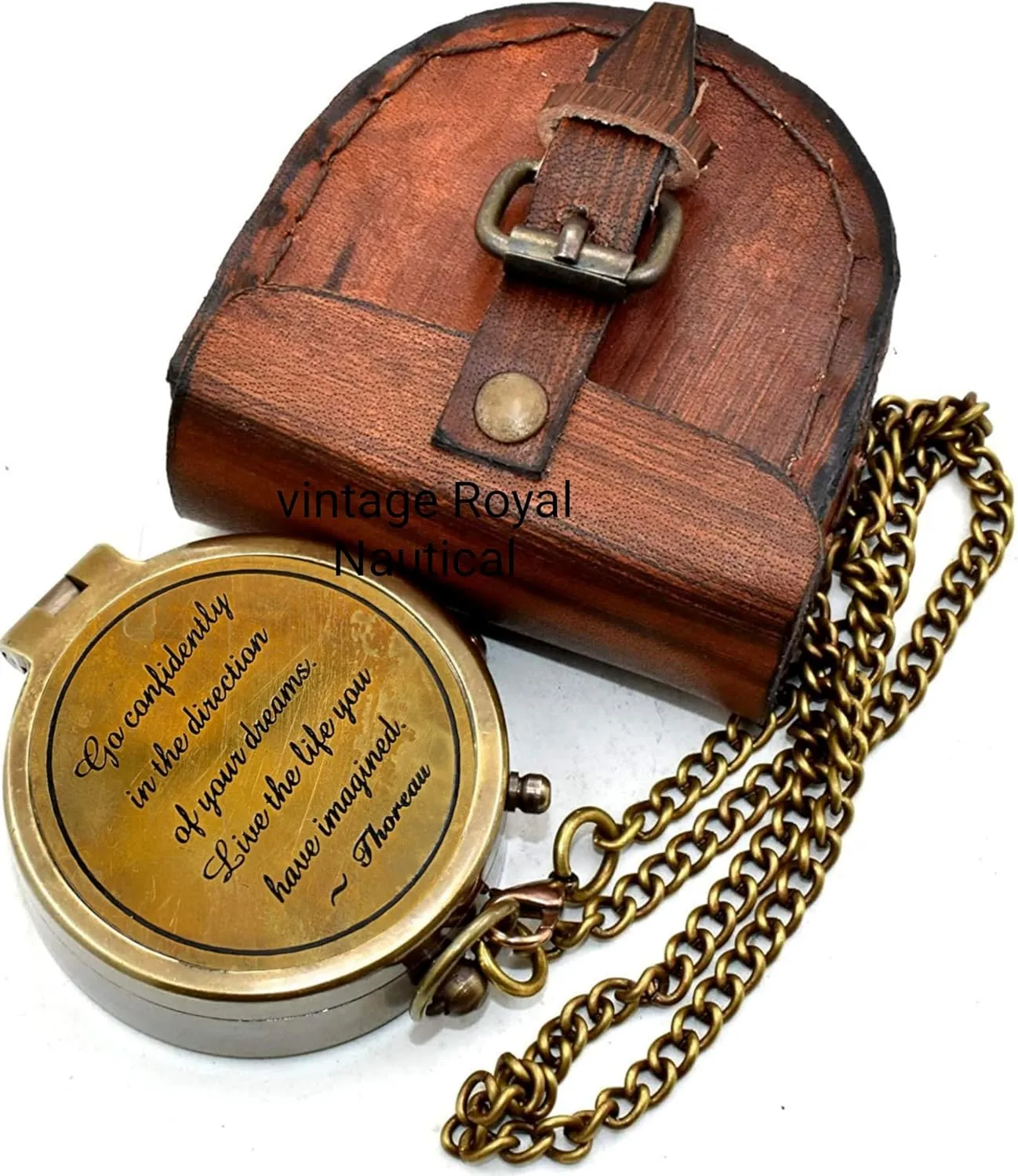 AASIYA Brass Nautical Pocket Compass with Chain and Leather Case for Travel Hiking Go Confidently in The Direction of Your Dream Quote Engravable Outdoor Compass