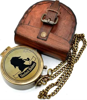 AASIYA Brass Nautical Pocket Compass with Chain and Leather Case for Travel Hiking Sherlock Homles Man Brass Engravable Outdoor Compass