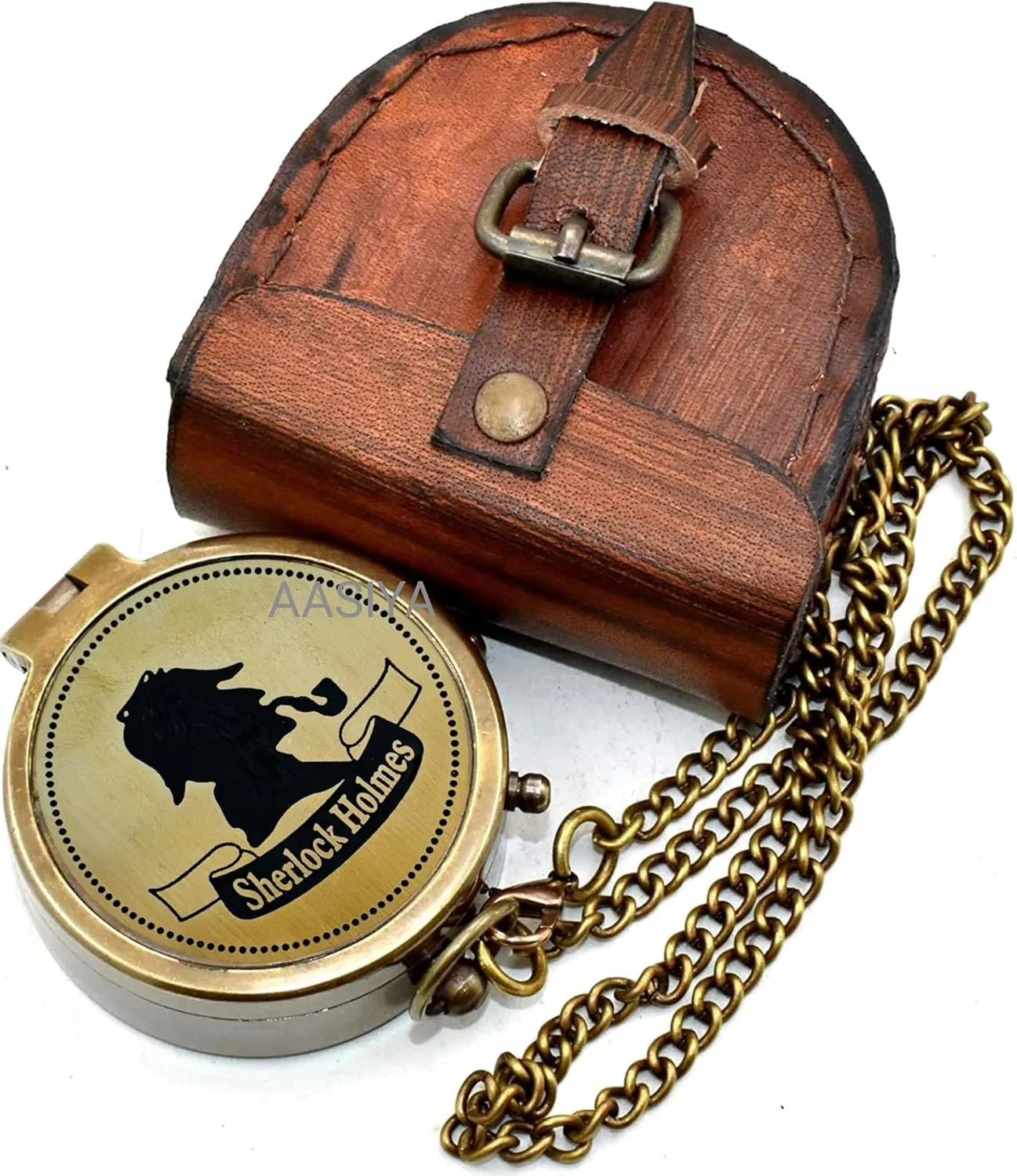 AASIYA Brass Nautical Pocket Compass with Chain and Leather Case for Travel Hiking Sherlock Homles Man Brass Engravable Outdoor Compass