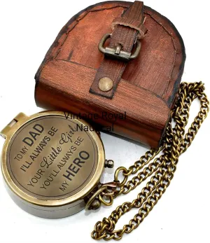 AASIYA Brass Nautical Pocket Compass with Chain and Leather Case for Travel Hiking to My Dad I'll Be Always Your Little Girl You 'll be My Hero Quote Engravable Outdoor Compass