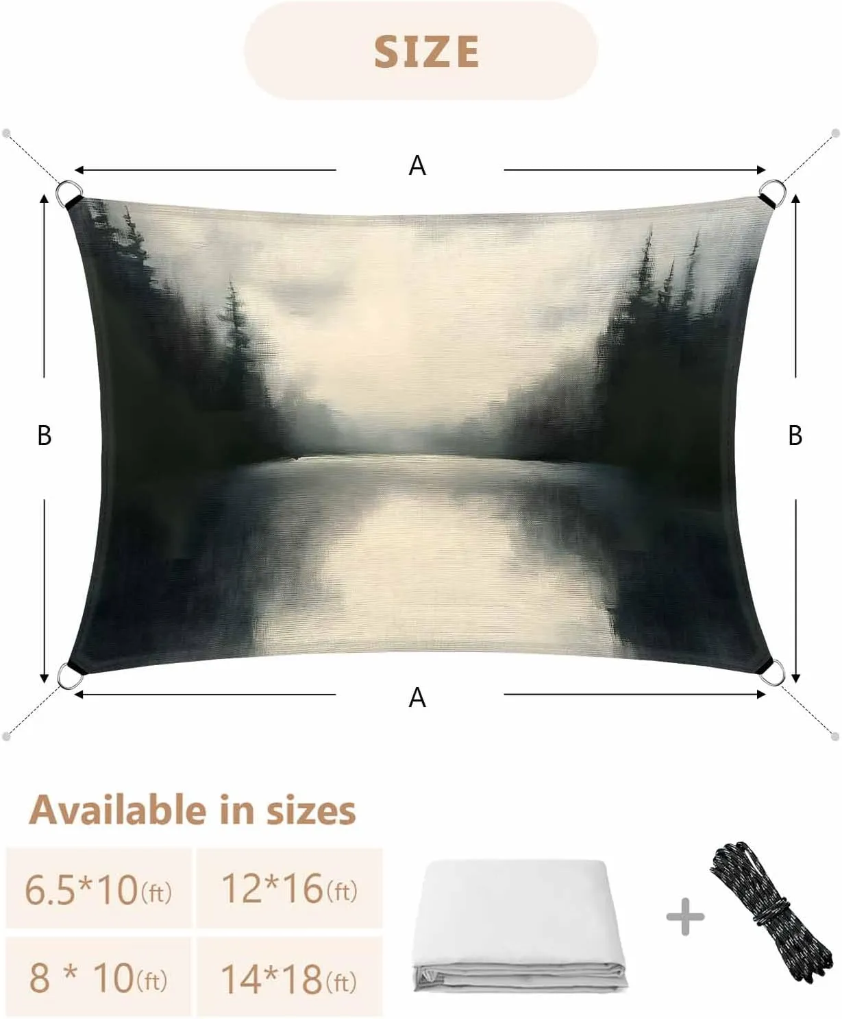 Abstract Sun Shade Sail 6’x 10’, Lake Landscape Tree Sky Scenery Black Forest Reflection Rectangular Sunshade Sail UV Protection, Outdoor Waterproof Sun Shade Canopy for Patio Deck Pool Park