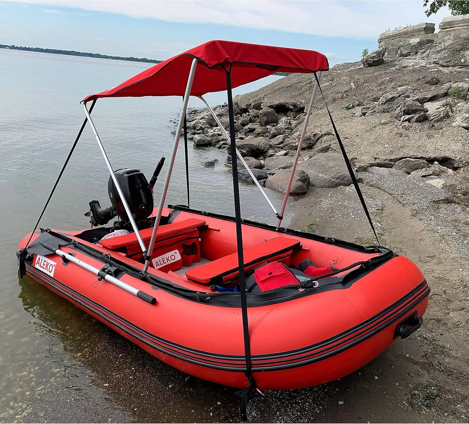 ALEKO Boat Bimini Canopy Top | Tent Sun Shelter Sunshade for 12.5 ft Long Inflatable Boats | 4.3 x 3.7 Ft | Color Red | BSTENT380R