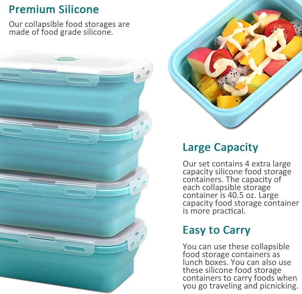 Alimat PluS 40.5oz Silicone Food Storage Containers with Lids, 4 Pack Set 1200ml Collapsible Meal Prep Lunch Containers, Microwave, Freezer and Dishwasher Safe