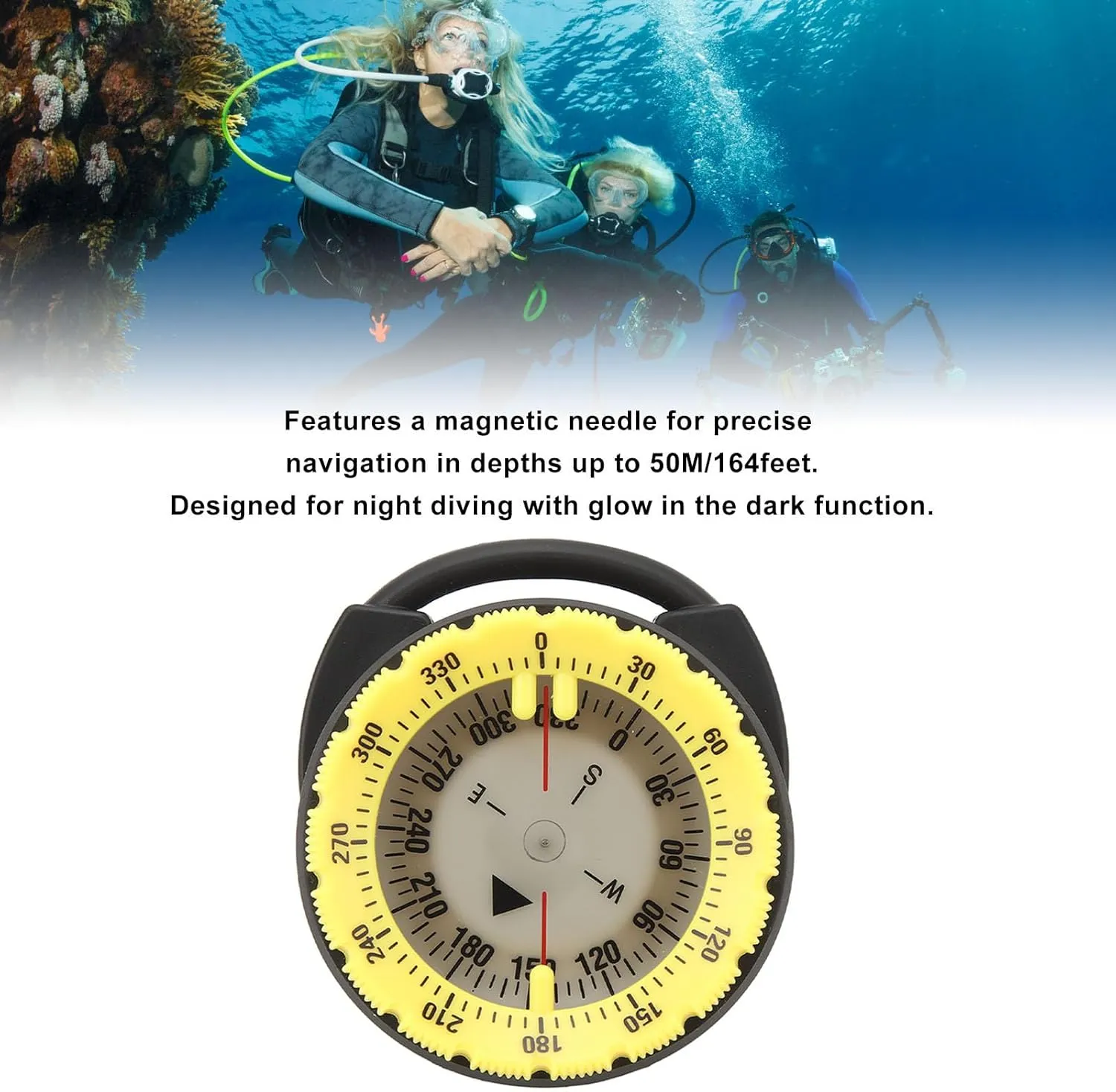 Alomejor 50M Underwater Diving Compass Luminous Magnetic Pipe Clamp Compass Diving Water Sports for Underwater Use