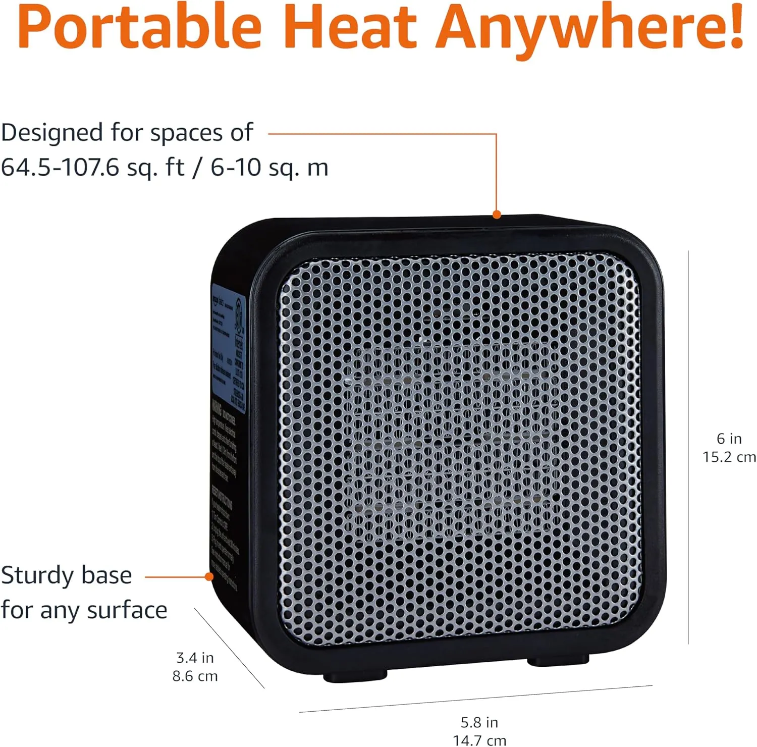Amazon Basics Ceramic Space Heater, Mini Heater for Office Desk, Portable Tent Heater for Camping (Indoor Use), 500 W, With Tip-Over Protection, Lightweight (1.4 LBS), Black, 5.8"D x 3.4"W x 6"H