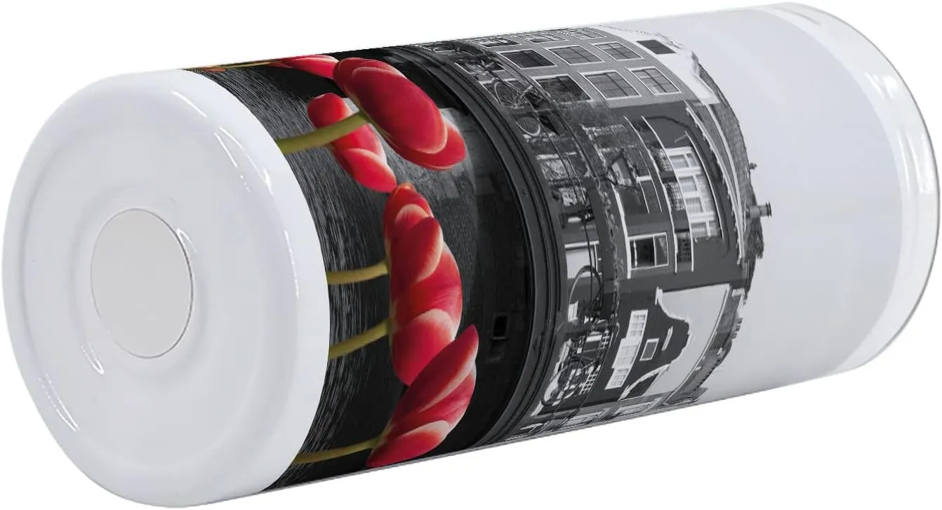 Ambesonne Black and White 12 Oz Skinny Tumbler, Monochrome Photo of Amsterdam Canal with Red Tulips and Houses, Vacuum Insulated Travel Canteen Cup Leakproof for Travel Picnic, Black White and Red